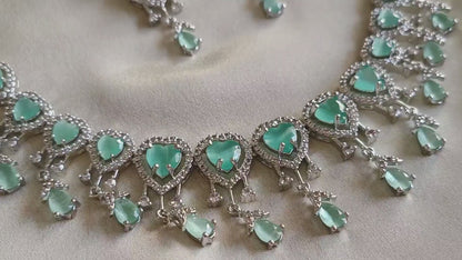 Premium Mint Green Heart CZ Necklace Set in Rhodium