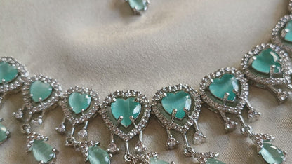 Premium Mint Green Heart CZ Necklace Set in Rhodium