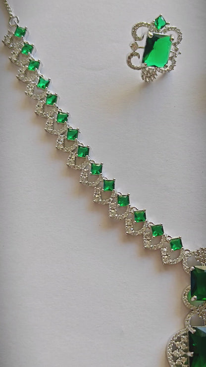 Royal Green & Rhodium AD Statement Necklace Set [Nita Ambani Inspired]