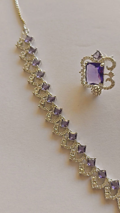 Royal Amethyst Purple & Rhodium AD Statement Necklace Set [Nita Ambani Inspired]