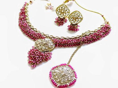 Premium Ruby Pink Polki Choker Set with Maang Tikka