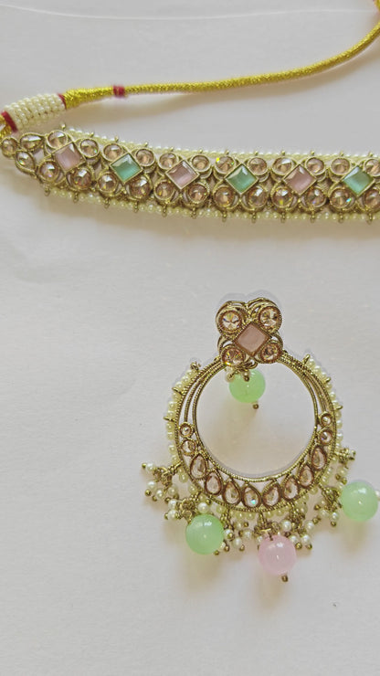 Pastel Pink & Mint Kundan Mehndi Polki Choker Set with Chandbali Earrings [with Maang Tikka]