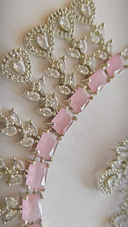 Cascading Blush Pink CZ Statement Necklace with Drop Earrings