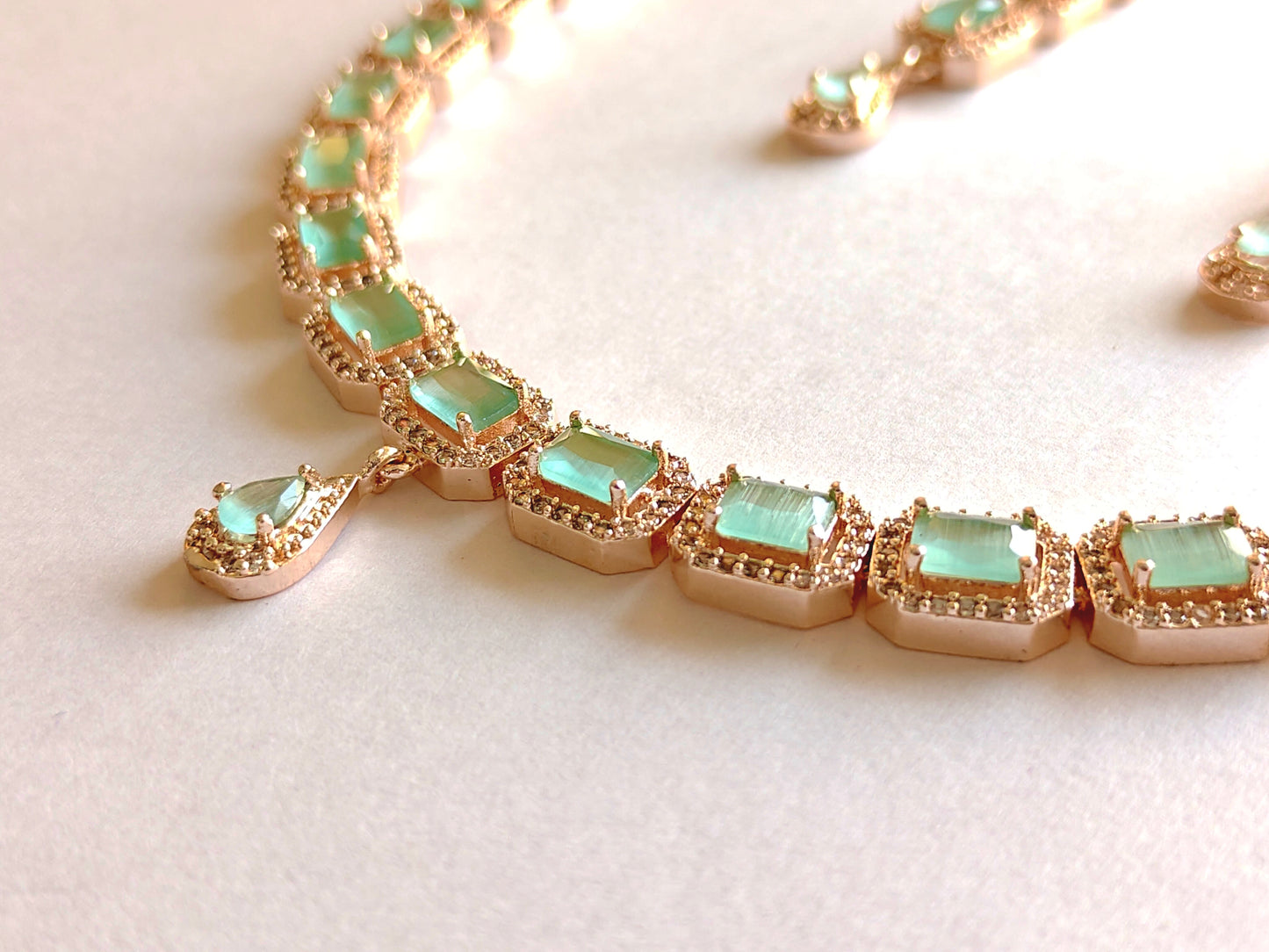 Elegant Emerald-Cut Mint CZ Necklace in Rose Gold Finish