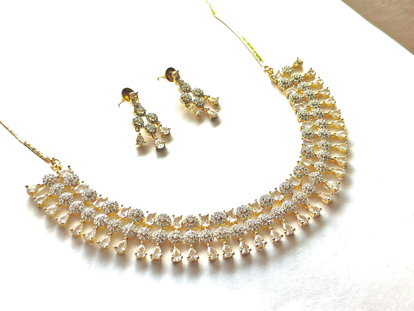 Classic Clear AD & Gold Statement Necklace with Drop Earrings