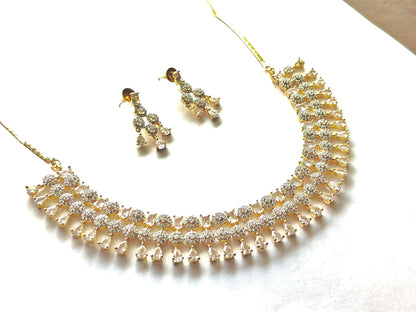 Classic Clear AD & Gold Statement Necklace with Drop Earrings