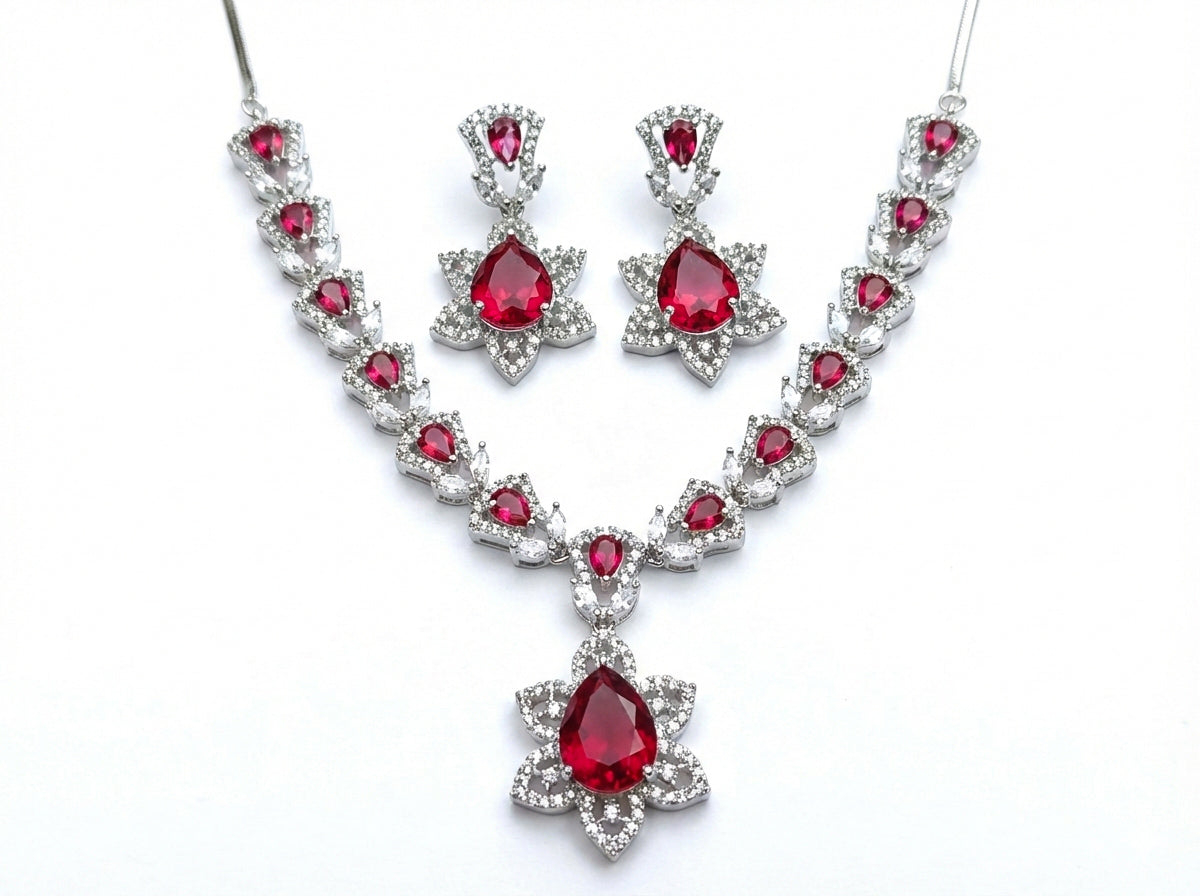 Ruby Red Radiant American Diamond (AD) Floral Necklace Set - Rhodium Plated