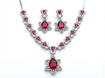 Ruby Red Radiant American Diamond (AD) Floral Necklace Set - Rhodium Plated