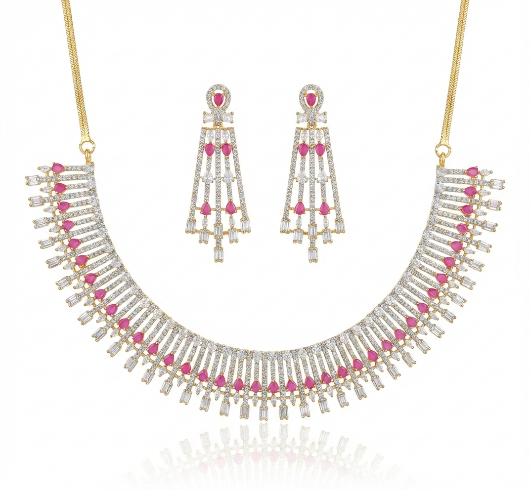 Contemporary AD Fringe Necklace & Chandelier Earrings Set