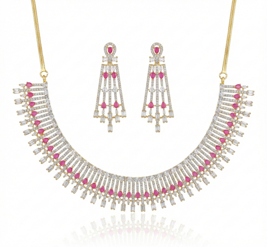 Contemporary AD Fringe Necklace & Chandelier Earrings Set