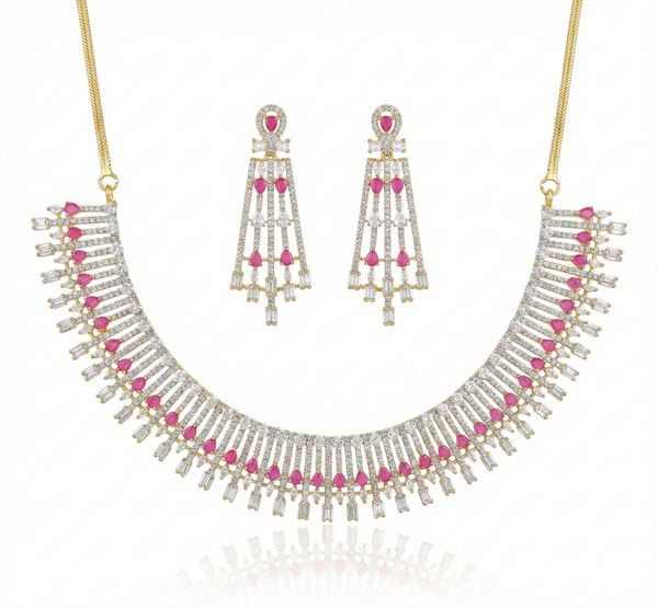 Contemporary AD Fringe Necklace & Chandelier Earrings Set