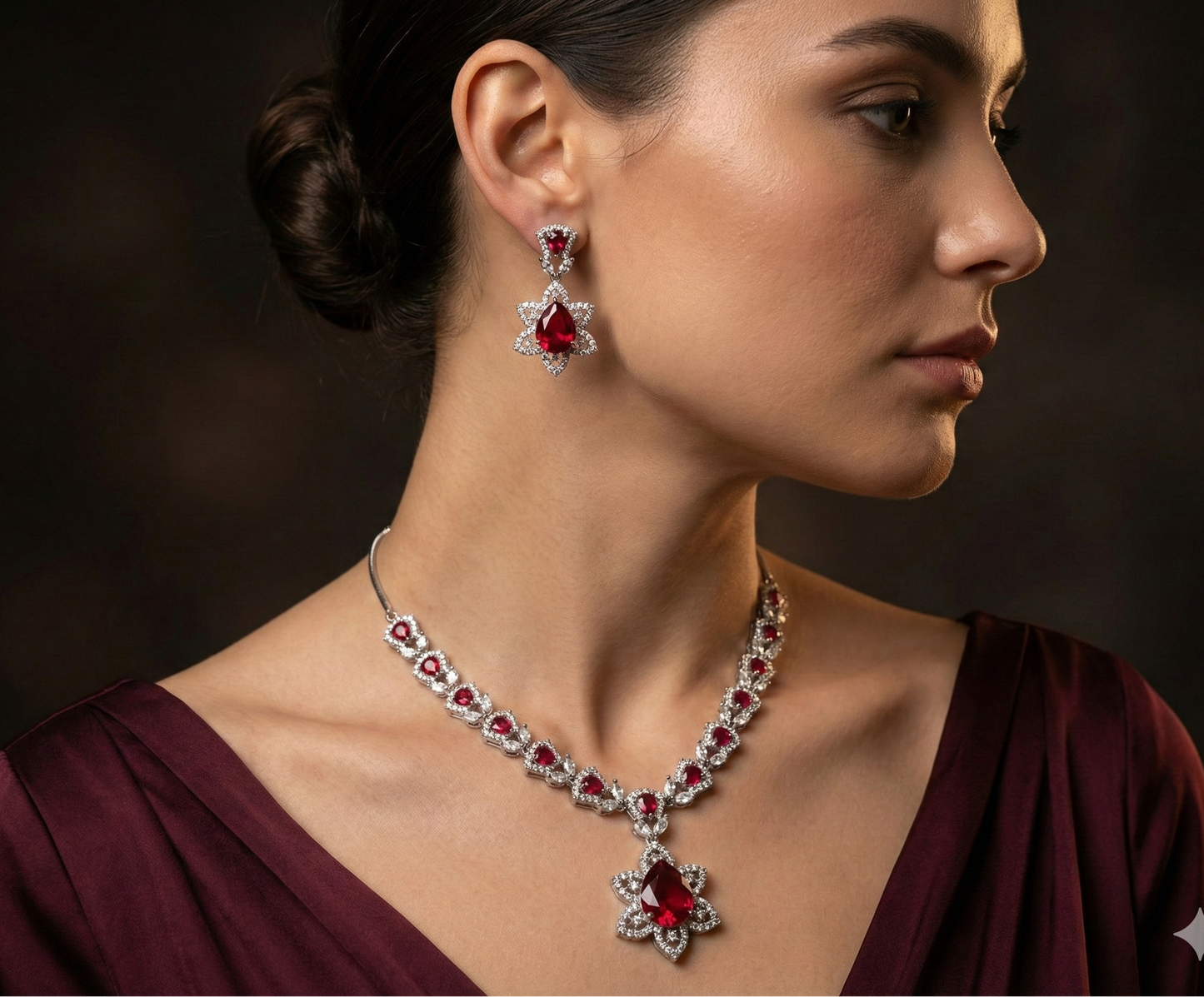 Ruby Red Radiant American Diamond (AD) Floral Necklace Set - Rhodium Plated