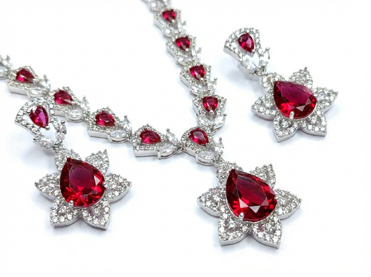 Ruby Red Radiant American Diamond (AD) Floral Necklace Set - Rhodium Plated