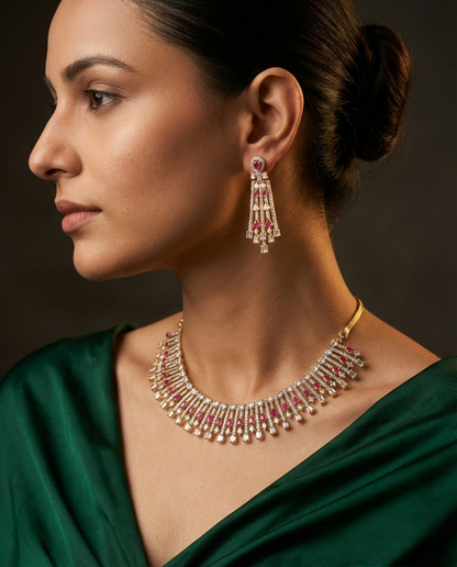 Contemporary AD Fringe Necklace & Chandelier Earrings Set