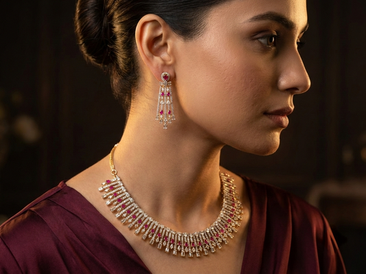 Contemporary AD Fringe Necklace & Chandelier Earrings Set