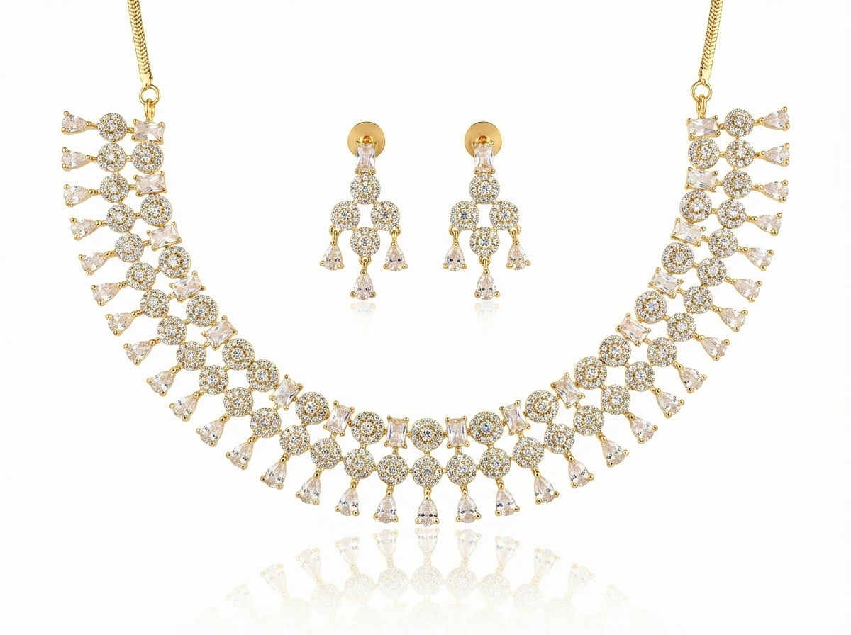 Classic Clear AD & Gold Statement Necklace with Drop Earrings