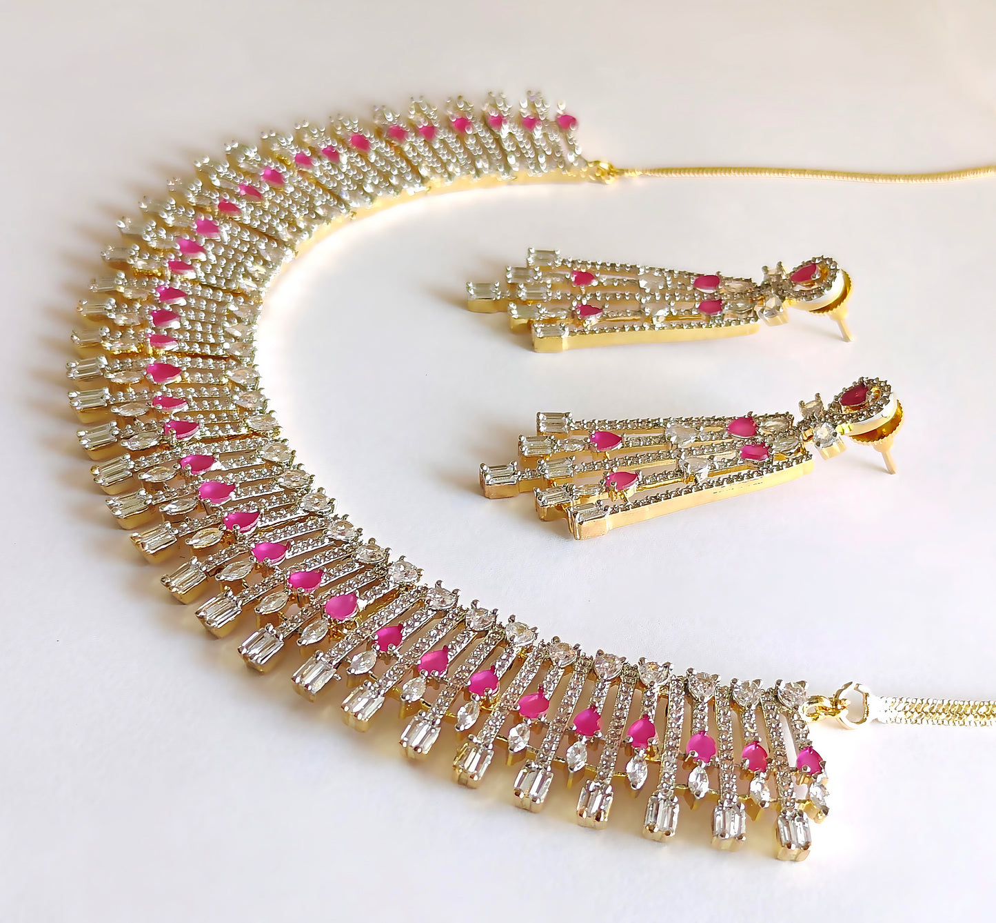 Contemporary AD Fringe Necklace & Chandelier Earrings Set