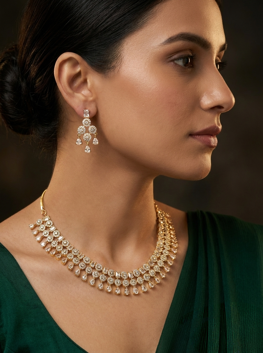 Classic Clear AD & Gold Statement Necklace with Drop Earrings